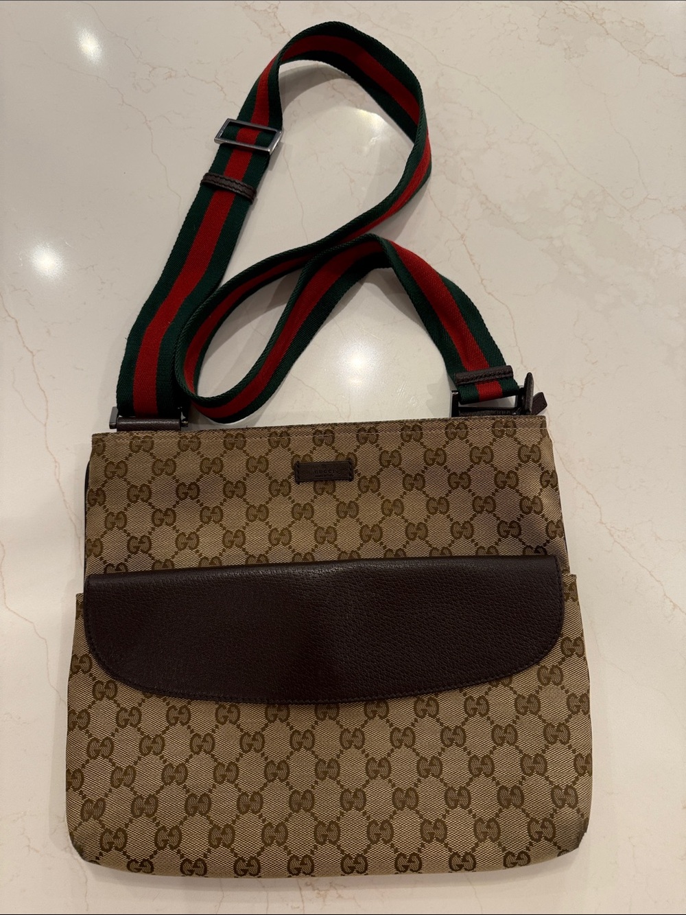 Gucci Brown GG Canvas Messenger Bag with Green-Red Web Strap